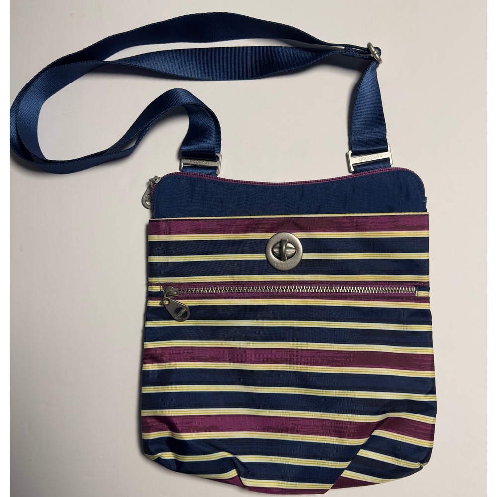 Baggallini Hanover Stripe Blue Purple Nylon Crossbody Bag Adjustable Strap Purse